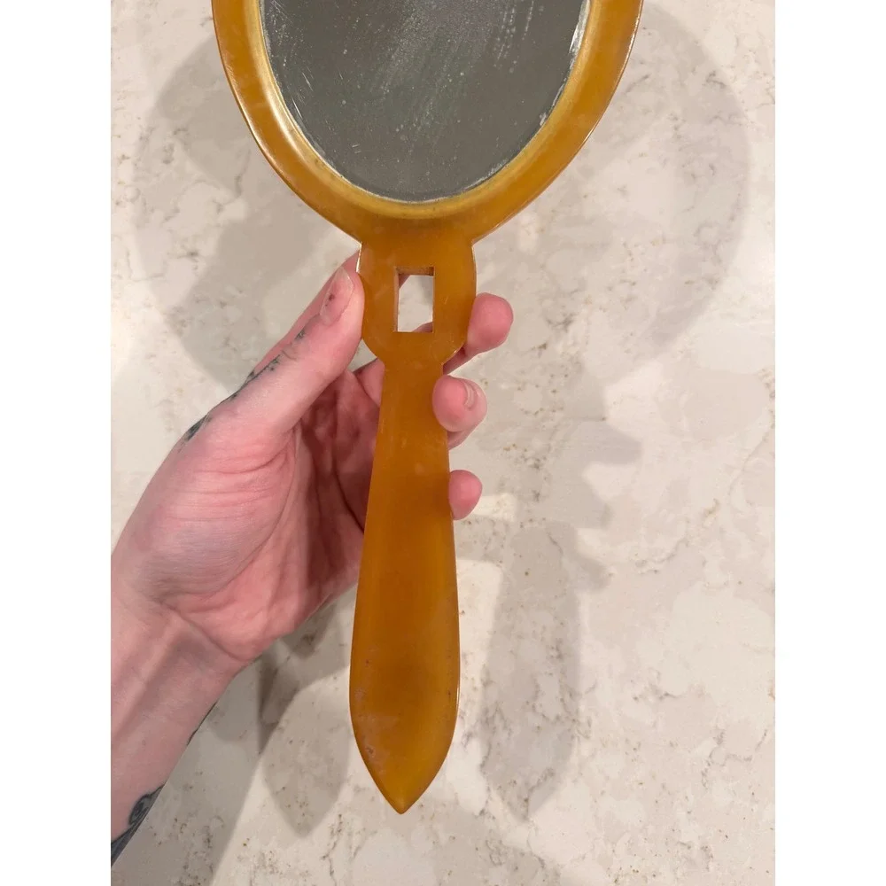 Vintage Art Deco MCM Butterscotch Celluloid Hand Mirror Etched Amber‎ Vanity